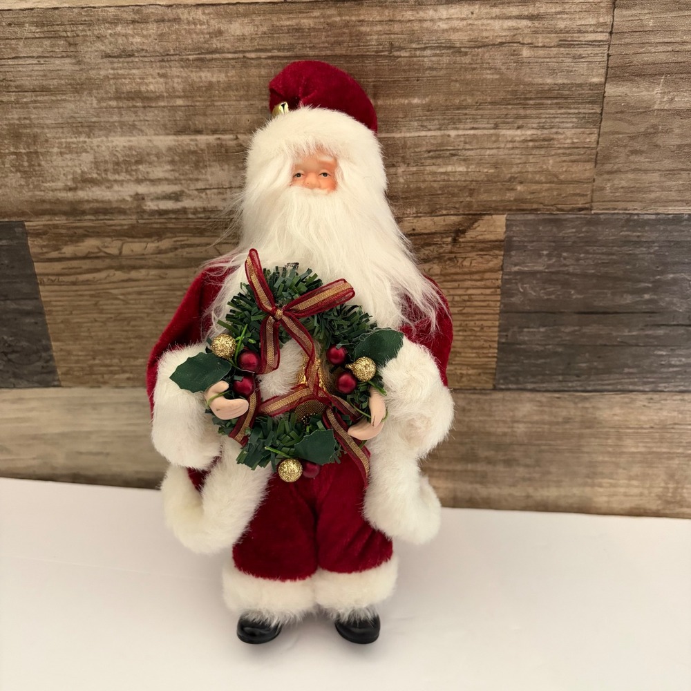 Vintage Style Standing Santa Claus Figurine Red Velvet Wreath Holiday Decor 12in